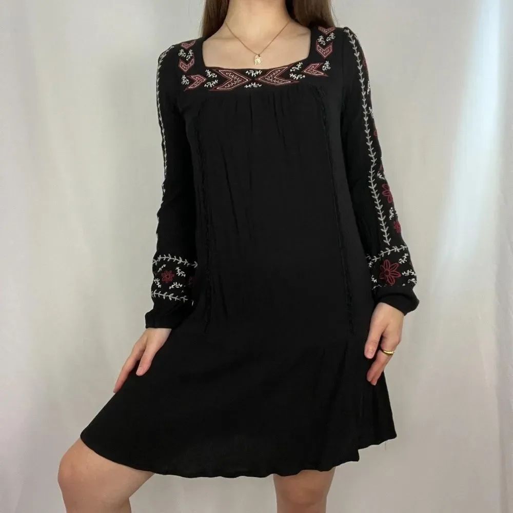 Xhilaration Black with Red Western Boho Embroidery Dress